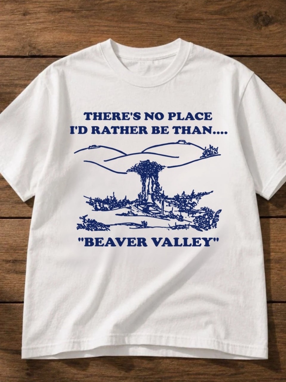 White Tee with Blue Beaver Valley Graphic, Funny Shirt